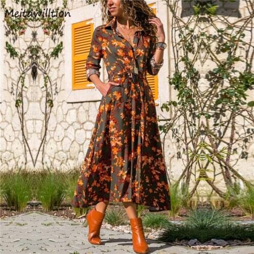2020 Summer Women Boho Chiffon Long Dress Casual Long Sleeve Shirt Dress Vintage Floral Print Party Dresses Vestidos