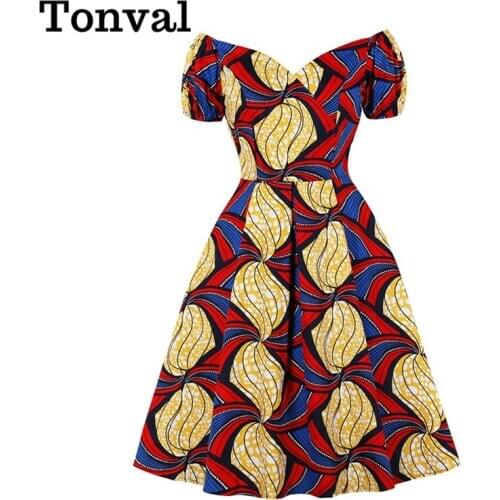 Tonval Multicolor Print Sexy Off Shoulder Elegant Party Night Dress 95% Cotton Women Short Sleeve Pleated Chic Vintage Dress