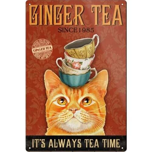 Kitten Tin Sign Vintage Ginger Tea Has Been Tea Time Cat Vintage Bar Club Restaurant Home Kitchen Wall Decoration 8x12 Inches