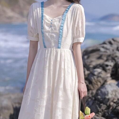 2021 Summer Elegant Dress Women for Casual Square Collar Button Beach Evening Party Midi Dress Female Slim Long Dresses Korean