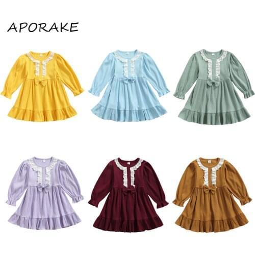 2021 1-5Y Sweet Toddler Baby Girls Dress Flower Lace Bow Solid Color Round Neck Long Sleeve Tunic Pleated Dress Autumn Clothes