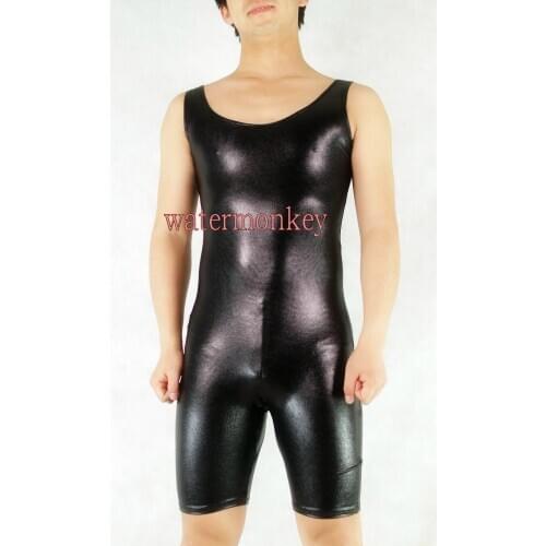 Brand Hot Women men Tank Shorty Black Shiny Metallic Zentai Catsuit Unitard For Halloween Party