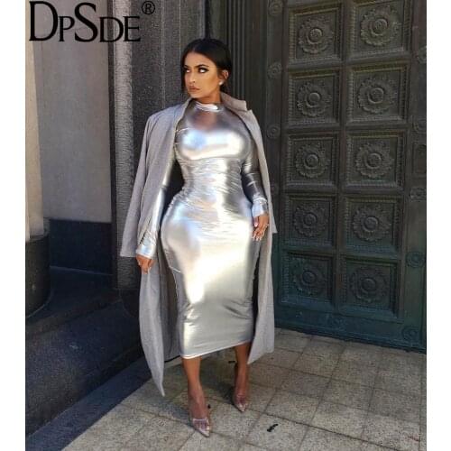 DPSDE Silver Golden High Collar Lady Dress Full Sleeve Show Thin Long Bandage Dress Autumn New 2020 Streetwear Bodycon Derss