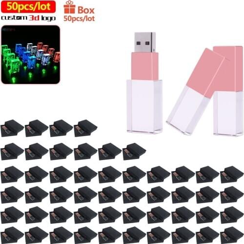 Bulk 50pcs pendrive Fashion Crystal transparent USB Flash Pen Drive Custom Logo LED Light USB 2.0 4GB 8GB 16GB 32GB Wedding Gift