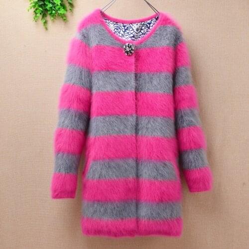 Top mujer femme winter heavy thick long stripe plush mink cashmere cardigan angora rabbit knitting wool slim sweater mantle coat