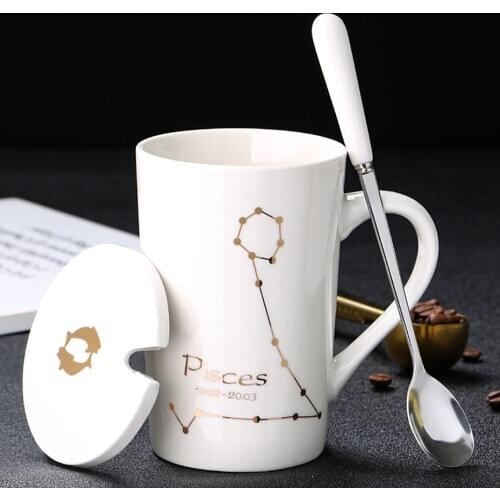VIPClassic 12 Constellation Cups Bone China Ceramic Coffee Mug, 420mlMilk Tea Water Cup with Cover Spoon Creative Gift for Lover