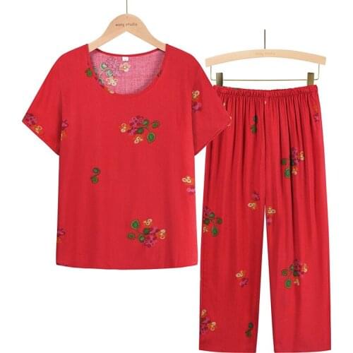 Summer 2021 Womens Clothing Flower Embroidered Loose Nightie Short-Sleeve Home Brief Soft Sleepwear Set Two Pieces Big Size 4XL