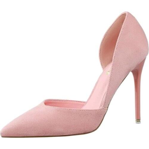 Fashionable, simple, elegant, thin, stiletto, high-heeled suede, shallow, pointed toe, side hollowed womens shoes