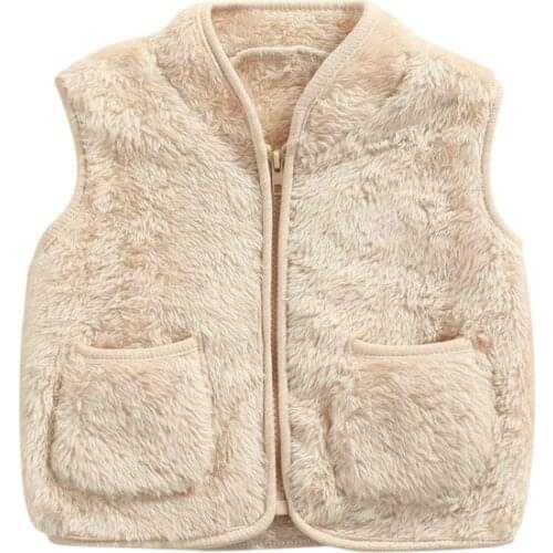 Fashion Toddler Sleeveless Plush Vest Kids Solid Color V-neck Zipper Outerwear with Pockets Boys Girls Waistcoats Outerwear