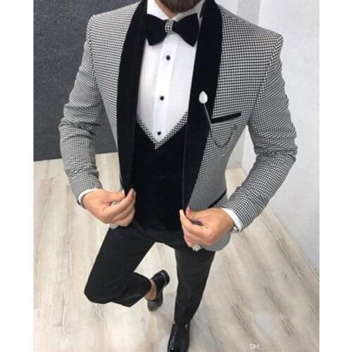 Fashion Houndstooth High Quality Grey Blazer Slim Fit Groomsmen Tuxedo For Wedding Dress Party Male Clothing (Jacket+Pants+Vest)