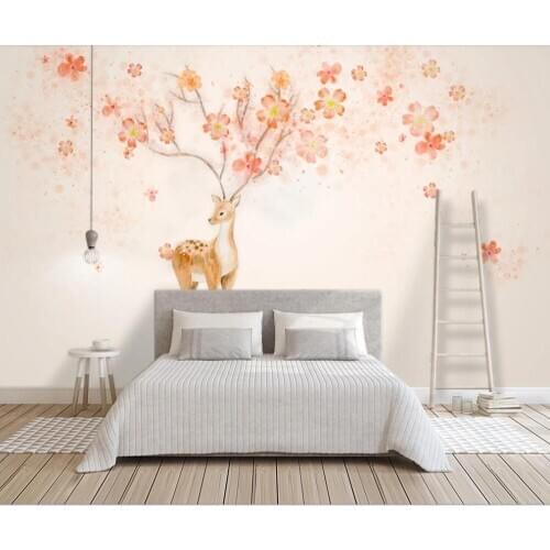 Custom 3D mural wallpaper flower clusters elk Nordic abstract water color elk background wall small fresh decoration painting
