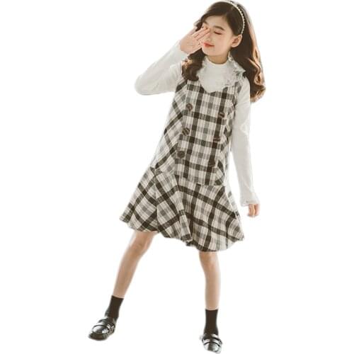 Autumn Girl Suit Children 2-piece Sets Knitted Vest Top + Plaid Suspender Skirt Baby Girl Clothing Lace Petal Sleeve Fashion