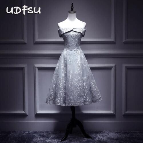 UDFSU Women Off Shoulder Boat Neck Evening Dress Lace Up Backless Knee Length Party Dresses Slim Fit A-Line Gowns