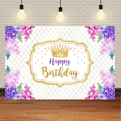 Seekpro Happy Birthday Pink Purple Watercolor Flowers Baby Shower Crown Princess DIY Colourful Backdrop Photography Background