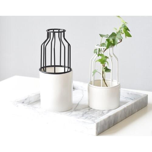 Scandinavian Ceramic Iron Wire Vase Plant Hydroponic Jar Elegance Flower Detachable Storage Jar Minimalist Desktop Decor Art Vas