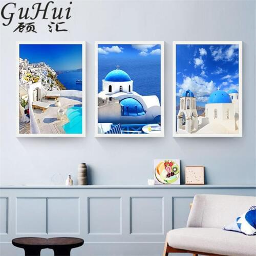 Nordic Blue Mediterranean Landscape Greece Aegean Sea House Canvas Painting Home Wall Pictures Poster For Living Room Decoration
