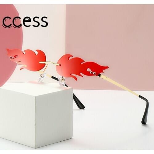 2020 Trendy Punk Glasses Women Men Fire Flame Metal Rimless Sunglasses UV400 Wave Luxury Color Film Eyewear Narrow Sunglasses