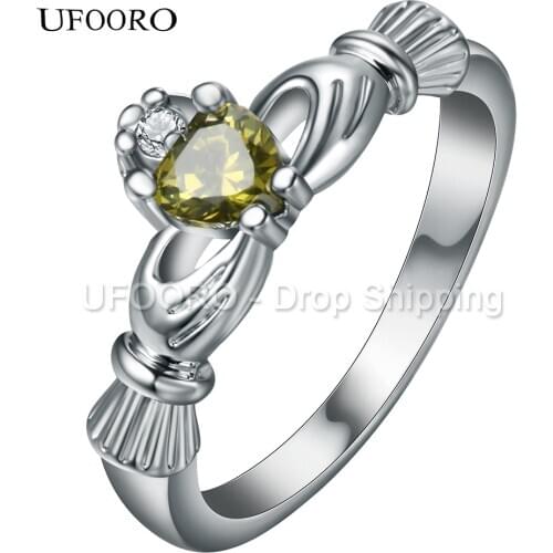 UFOORO Claddagh Green cz Silver plated love heart ring Engagement wedding Band rings for women bridal crown anniversary gift