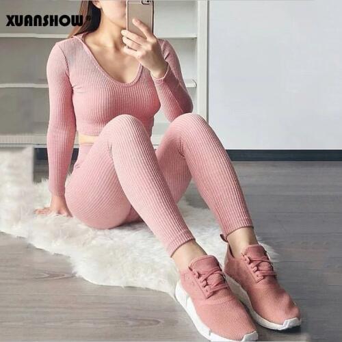 XUANSHOW 2019 Sexy Women Tracksuit Striped Sportswear Hooded Crop Top+Long Pant Set Lady Two Piece Set Long-sleeved Casual Suit