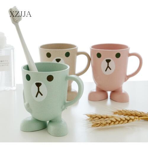 XZJJA Cute Cartoon Toothbrush Cup Eco-friendly Wheat Straw Bathroom Cup Kids Couples Tooth Brush Mug Bathroom Accessories Set