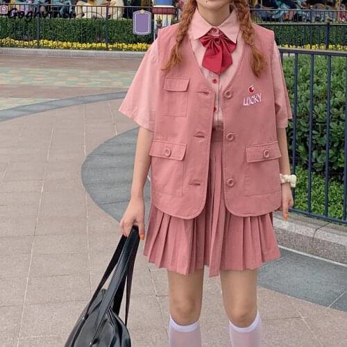 Women Sets Pink Short Shirts Japan Style Cargo Vests Letter Embroidery Pockets Mini JK Pleated Skirts Kawaii Sweet Three Piece