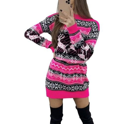 Womens Christmas Sweater Dress Long Sleeve Round Neck Slim Fit Knit Pullover Dress