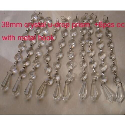 38mm crystal u-drop prism +6pcs octagon beads with metal hook for crystal lamp chandelier parts