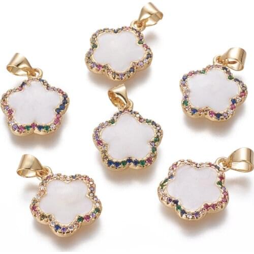 5pcs Golden Brass Enamel Pendants with Cubic Zirconia White Color Flower Pendants for Diy Jewelry Making Necklace Accessories