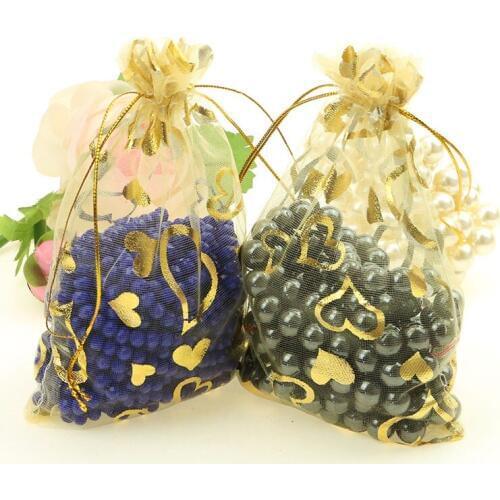 Free Shipping 100pcs/lot 11x16cm Gold Organza Gift Bags Tulle Jewelry Beads Packaging Pouches Classic Heart Pattern Printing
