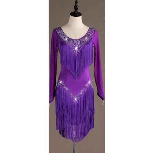 Cheap Latin Dance Dress For Lady Purple Color Tassel Fitness Skirt Clothes Stage Cha Cha/Rumba Party Game Dress Costumes DL3933