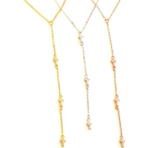 Y shape long chain tiny cz cross pendant charm delicate minimalist design teen girl women gift 925 silver Y necklace