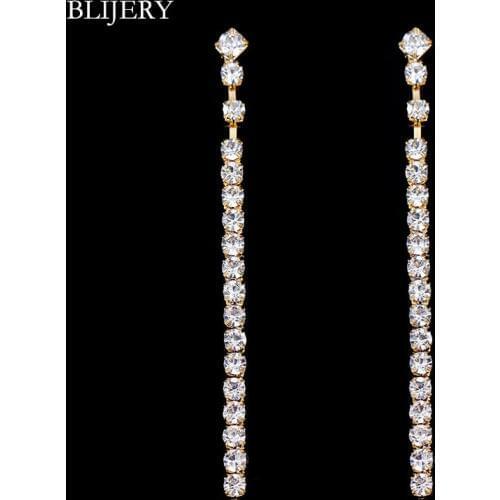 BLIJERY Simple Gold Color Crystal Long Strip Bridal Earrings Shiny Rhinestone Dangle Earrings For Women Wedding Jewelry Gifts