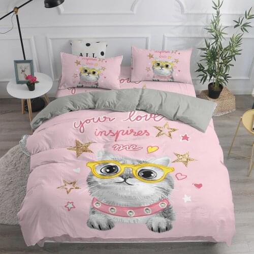 Pink Kawaii Cat Bedding Set Fashion Modern 3D Print Comforter Luxury Queen King Single Size Duvet Cover Set Home Textile Decor