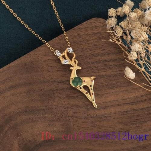Green Jade Sika deer Pendant Charm Necklace Amulet Women Natural Gemstone Gifts Crystal 925 Silver Chalcedony Fashion Zircon