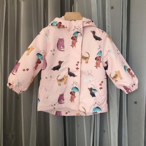 2020 brand new autumn/winter gilrs pink windproof hooded jacket with animal print, size 3Y to 8Y