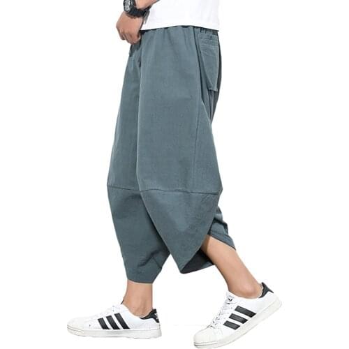 Mens Casual Elastic Waist Linen Capri Wide Leg Baggy Harem Pants Trousers,Beach Pants