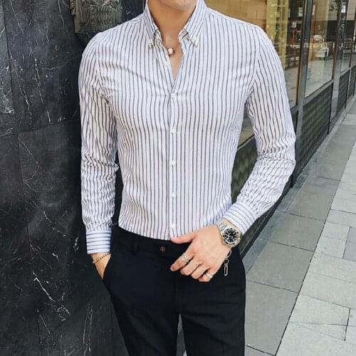 2021 new spring autumn mens fashion business casual long-sleeved shirt male striped slim British style shirt formal dress shirt
