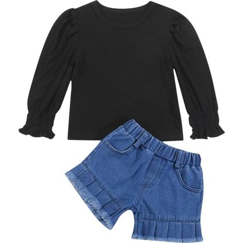 New Girls Casual Two-piece Clothes Set, Black Solid Color Round Collar Knitwear and Shorts