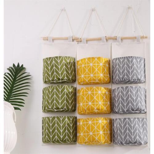Simple Lattice Hanging Storage Bag Cotton Linen 3 Pockets Wardrobe Hang Bag Wall Pouch Cosmetic Kids Toy Organizer Household