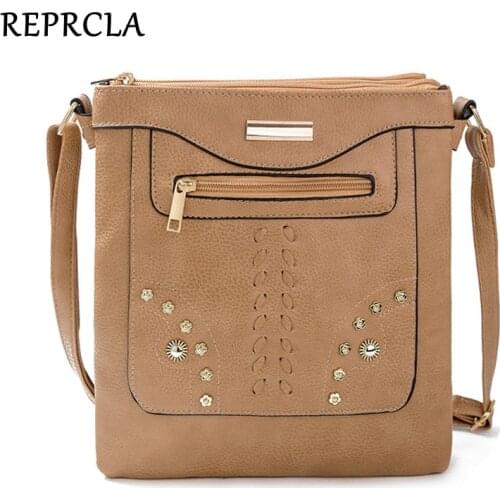 REPRCLA Large Double-layer Women Bag Vintage PU Leather Crossbody Shoulder Bags Handbag Rivet Female Messenger Bags Bolsa