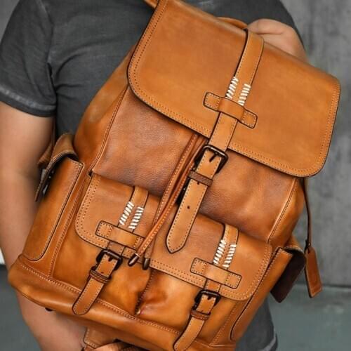 Luxury Genuine Mens Cow Leather Backpack Buckle Pockets Big Capacity Tactical Bags Mochila Homme High Quality Travel Backpack