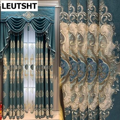 Luxury Atmosphere Hollow Embroidery Blue Chenille Embroidery Curtains for Living Room Bedroom Blackout Curtains Customization