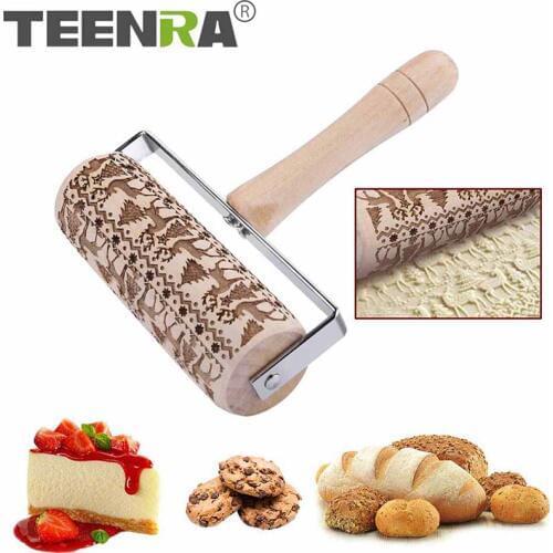 TEENRA Christmas Embossing Rolling Pin Wood Rolling Pin Baking Biscuit Fondant Cake Dough Engraved Rolling Pin Baking Tools