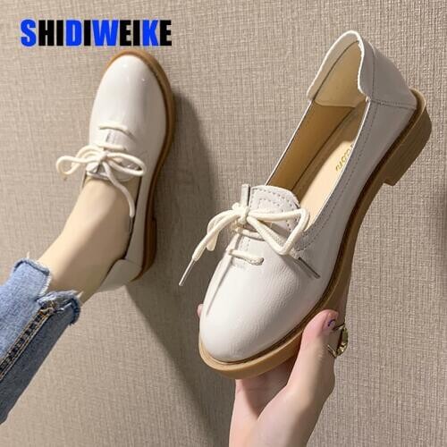 2021 Spring Classic Women Derbies British Patent Leather Round Toe Oxfords Flats Casual Ladies Lace-up Creepers Shoes I221