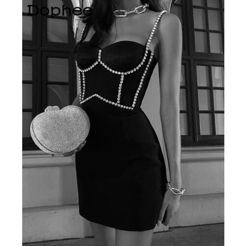 High-End Diamond Bodycon Bandage Black Strap Dress Women Summer Sexy V-neck Sleeveless Clubwear Evening Runway Party Mini Dress