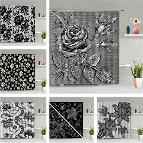 Black White Rose Shower Curtain Geometry Plant Flower 3D Printed Bathroom Accessories Set Waterproof Hanging Curtains Home Decor