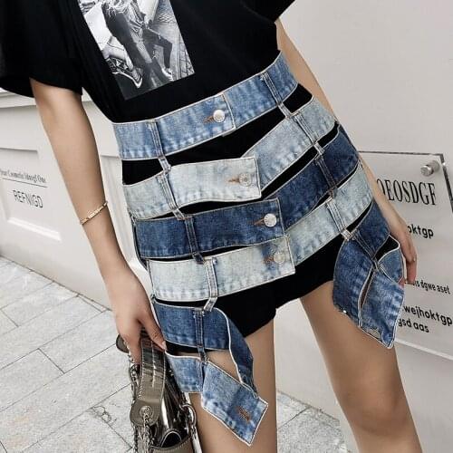 2020 Spring New Female Denim Skirt Women High Waist Hollow Out Color Matching Package Hip Mini Skirt
