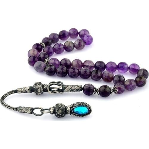 1000 Sterling Kazaz Silver Tassels Fasetali Amethyst Stone Rosary