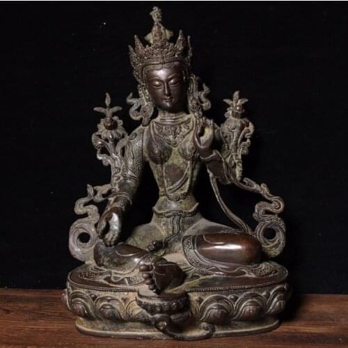 12"Tibet Buddhism Temple Old Bronze Gilt Cinnabars Tara Buddha Statue Guanyin Bodhisattva statue Enshrine the Buddha