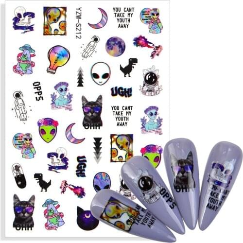 3D Cartoon Astronaut Dinosaur Cat Alien Nail Art Stickers Adhesive Sliders Colorful DIY Nail Transfer Decals Foils Wraps Decor